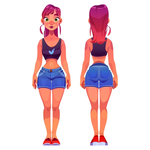 Бесплатное векторное изображение Молодая женщина мультипликационный персонаж вид спереди и сзади