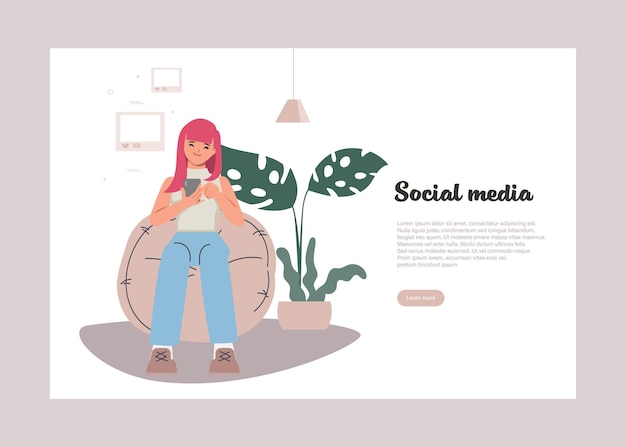 Young woman characters using mobile phones Social media concept background