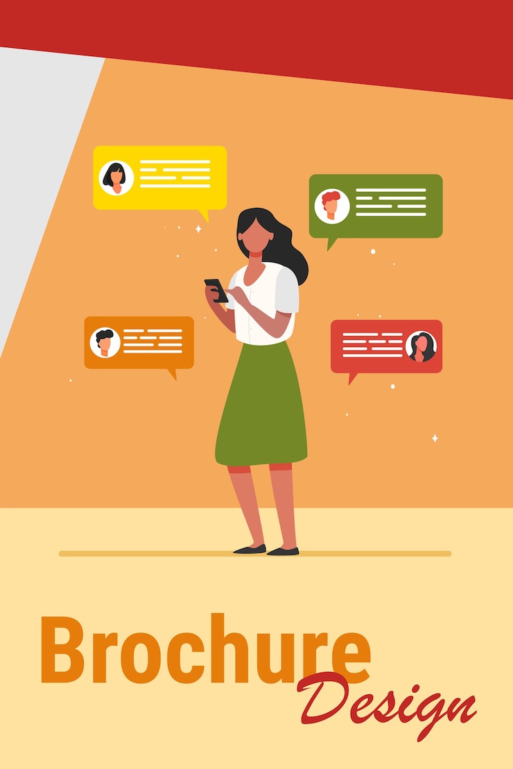 Free Vector young woman chatting with friends via smartphone. mobile phone, device, chat flat vector illustration. communication and digital technology concept