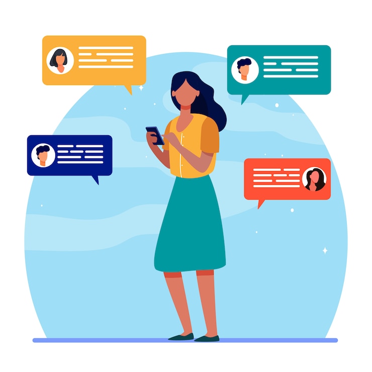 Free Vector young woman chatting with friends via smartphone