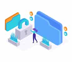 Free vector young woman checking security password on virsual folder, isometric   illustration