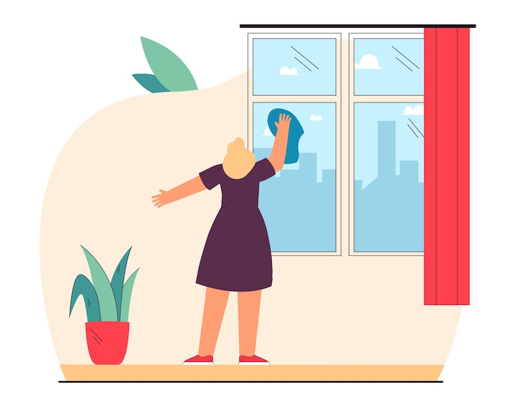 Free Vector young woman cleaning window in home room. girl wiping dust with cloth flat vector illustration. household chores, cleaning service, cleanliness concept for banner, website design or landing web page