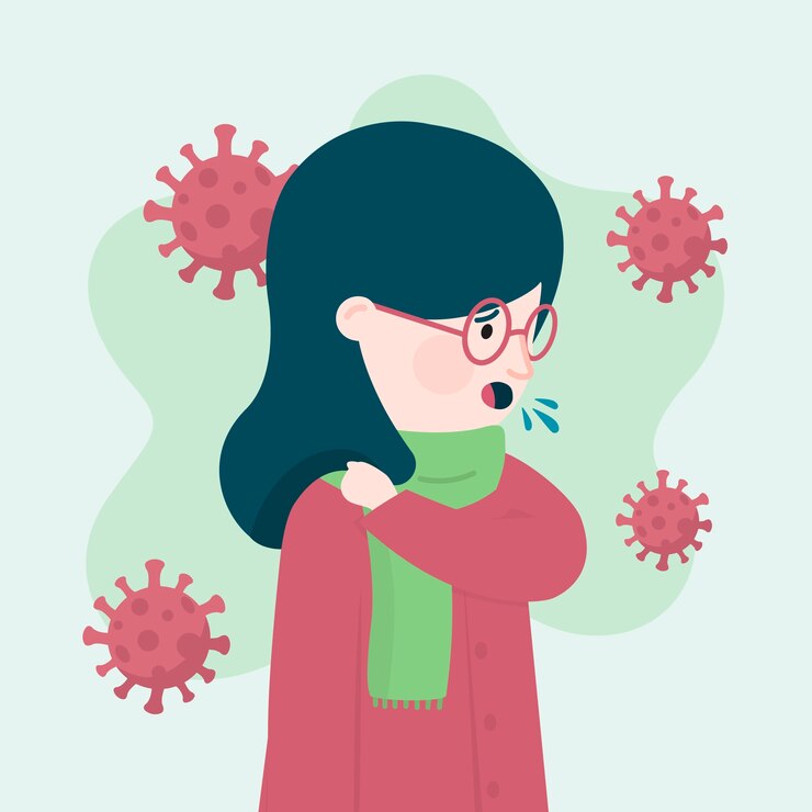 Free Vector young woman coughing on her elbow