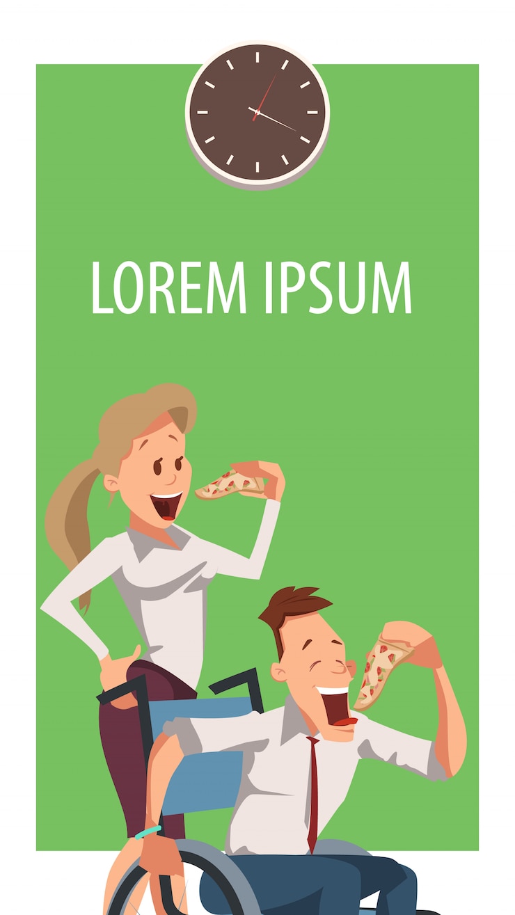 Free Vector young woman and disabled man eat pizza at work