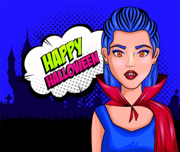 Молодая женщина замаскировала вампира в стиле поп-арт с речью пузырь happy halloween
