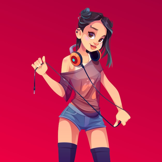 Free vector young woman dj with headphones