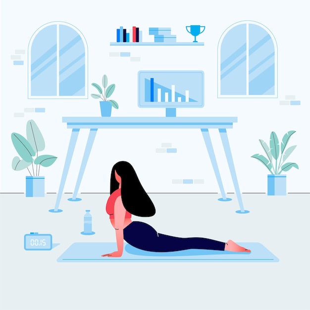 Free vector young woman doing yoga exercise in home workplace