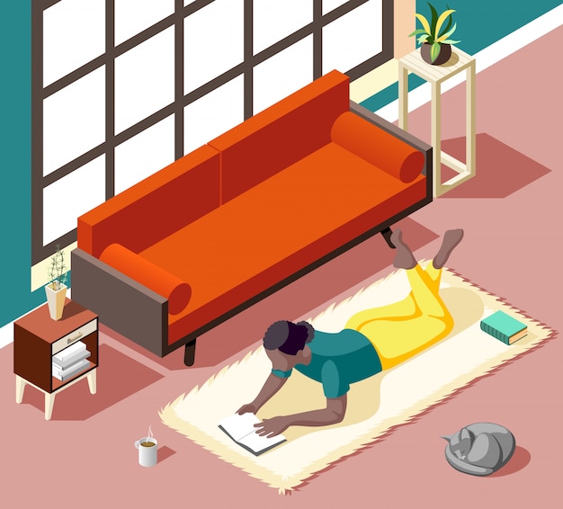 Free vector young woman during reading lying on carpet with cat at home in weekend isometric