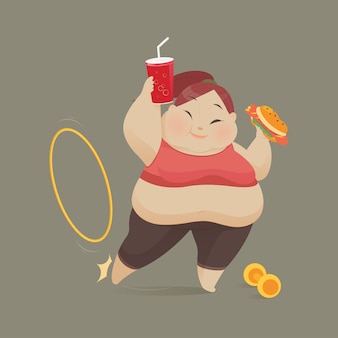 Young woman eating a piece of fast food, women refuse to exercise, vector illustration