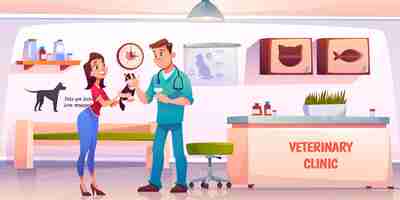 Free vector young woman giving cat to veterinarian doctor