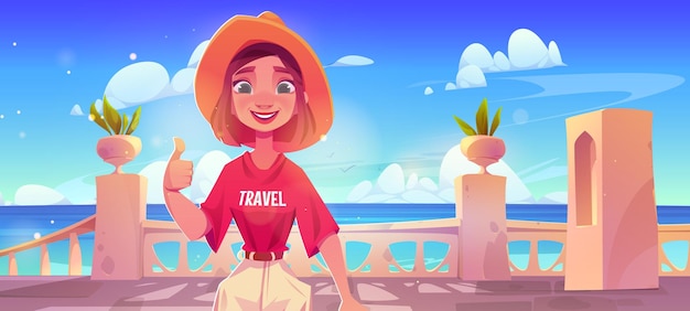 Free vector young woman in hat on sea or ocean shore terrace