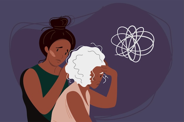 Young woman helps eldery gray-haired woman with dementia and bewildered thoughts in her mind. concept of memory loss  anf fight with amnesia and mental disorder. vector illustration.