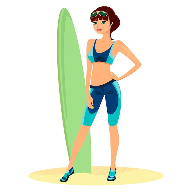 Vettore gratuito giovane donna che tiene una tavola da surf verde
