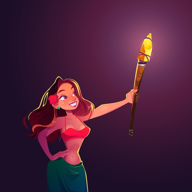 Молодая женщина, держащая факел освещения ночью иллюстрации