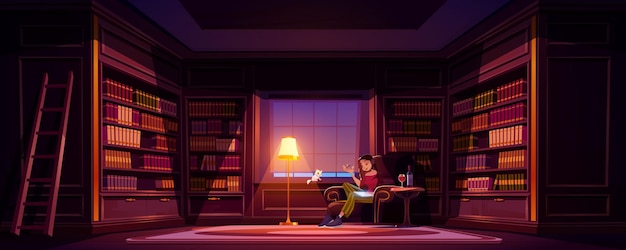 Молодая женщина в домашней библиотеке писать с вином