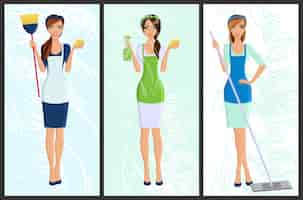 Free vector young woman housewife set cleaning with spray and sponge full length portrait banners isolated vector illustration