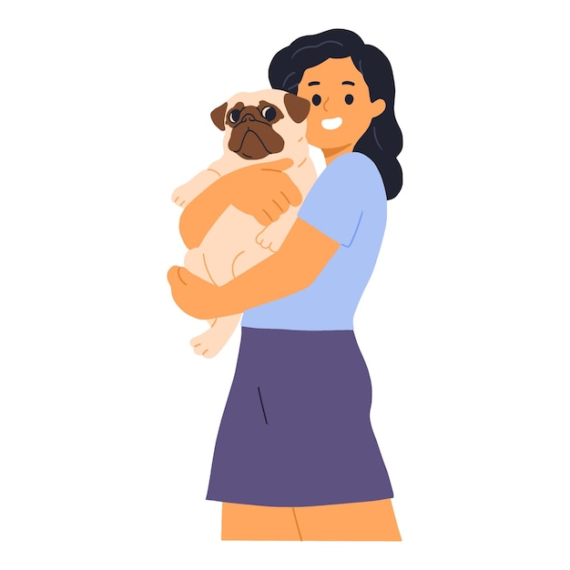 Free vector young woman hugging pug dog with love