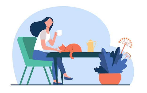 Молодая женщина, поглаживая рыжий кот во время питья чая. Перерыв на кофе, утро, домашнее животное плоские векторные иллюстрации. Уютный дом, горячий напиток, осенняя концепция