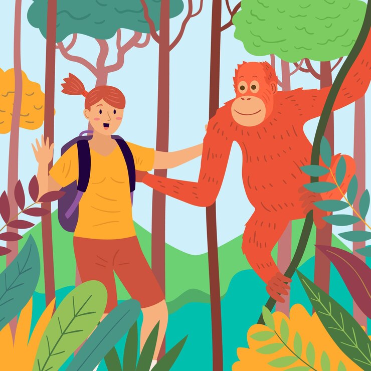 Free Vector young woman petting a monkey