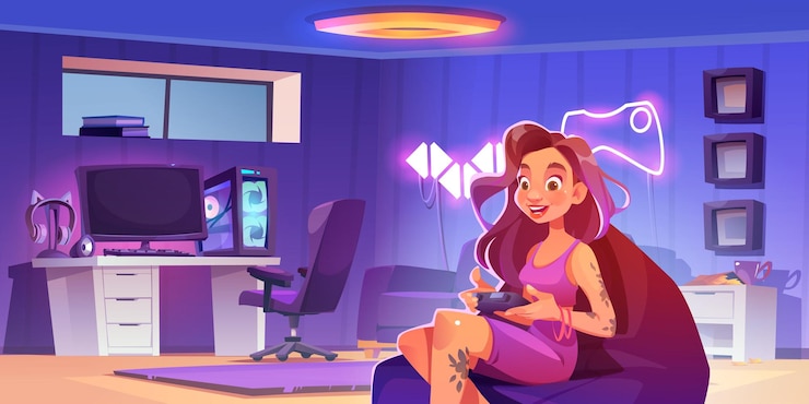 Бесплатный Вектор молодая женщина играет в видеоигру с игровым панелем