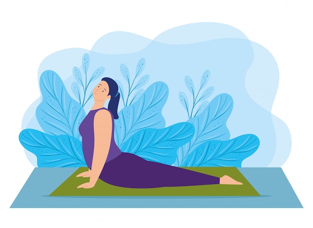 Free vector young woman practicing yoga with leafs decoration illustration design