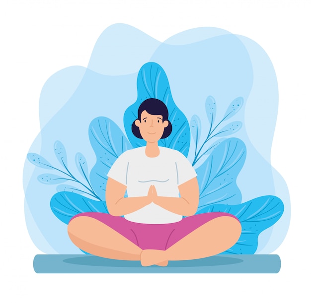 Free vector young woman practicing yoga with leafs decoration illustration design