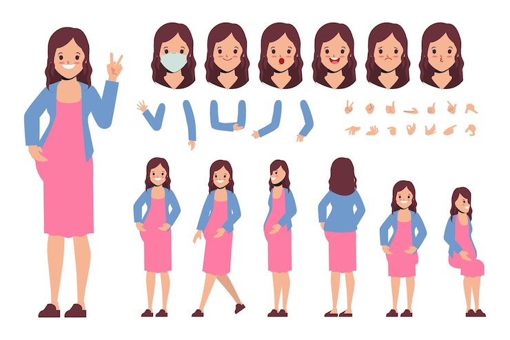 Free Vector young woman pregnant character creation design for animation cartoon flat design