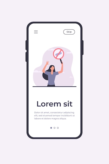 라운드 배너와 함께 항의하는 젊은 여자. 회의, 중지,주의 평면 벡터 일러스트 레이 션. 데모 및 활성 위치 개념 모바일 앱 템플릿