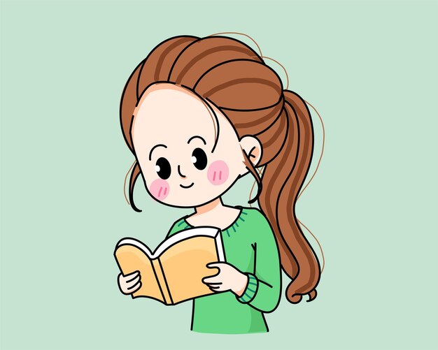 Young woman reading book concept cartoon hand drawn cartoon art illustration