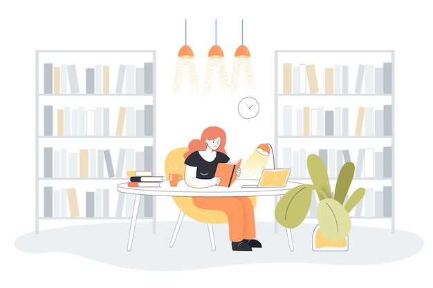 Free vector young woman reading book in library interior