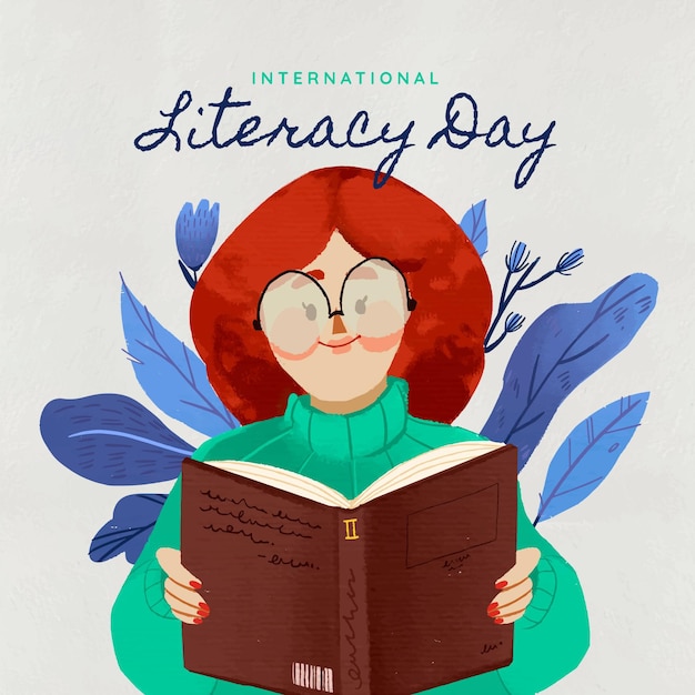 Free vector young woman reading on literacy day