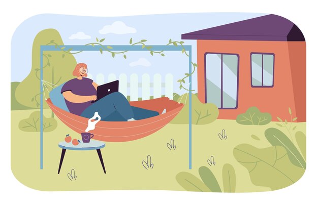 Young woman relaxing in hammock in backyard. Flat vector illustration