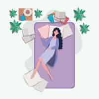 Бесплатное векторное изображение Молодая женщина расслабляющий в матрасе в спальне