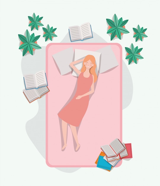 Free vector young woman relaxing in mattress in the bedroom