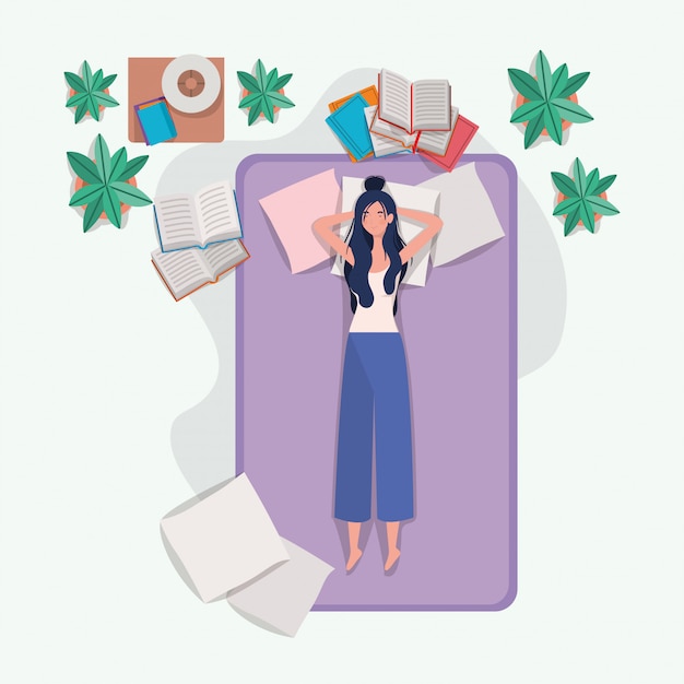 Free vector young woman relaxing in mattress in the bedroom