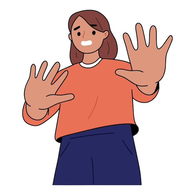 Free vector young woman resisted with both hands with a frightened face