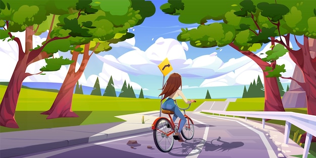 Free vector young woman riding bicycle on mountain highway