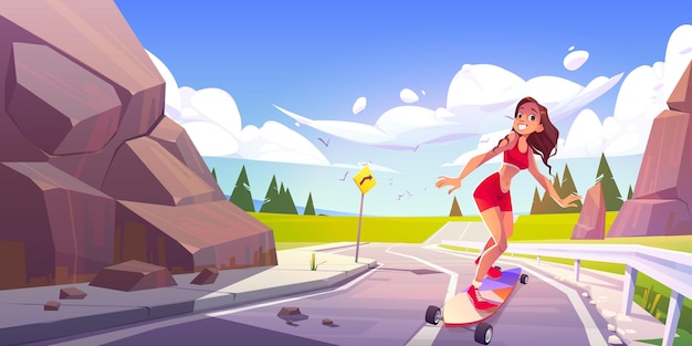 Free vector young woman riding skateboard along the rocky road