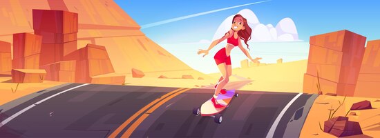 空の道に沿ってスケートボードに乗って若い女性