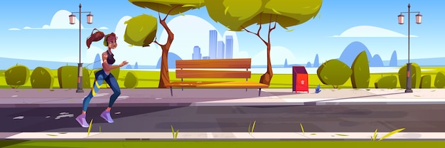Молодая женщина бежит в городском парке утром. иллюстрации шаржа с городским пейзажем, деревьями и девушкой бегуна в наушниках. Концепция здорового образа жизни, фитнес на открытом воздухе и бег трусцой
