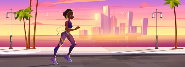 Free vector young woman runs on embankment street along river or sea in morning at sunrise cartoon cityscape with girl in headphones jogging outdoor in park over multistory buildings health care and sport