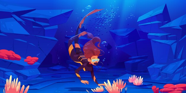 Young woman scuba diver explore sea bottom with seaweeds and corals. Girl in mask and costume explore underwater tropical reef, ocean world, female character snorkeling, Cartoon vector illustration