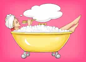 Free vector young woman singing in yellow bathtub cartoon illustration