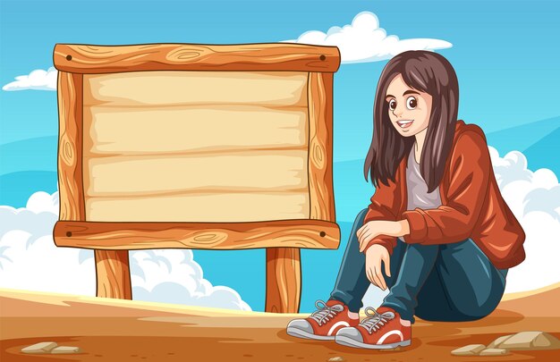 Free vector young woman sitting by wooden sign