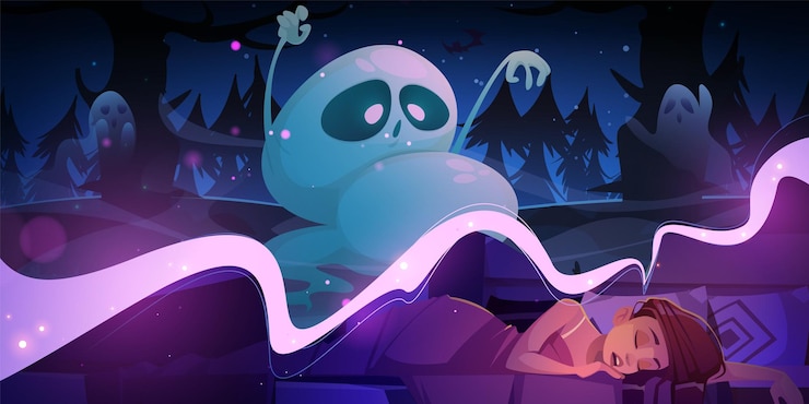 Free Vector young woman sleeping in bed dreaming about scary halloween ghosts in dark forest vector cartoon illustration of female character having bad dream about monster chase in darkness insomnia problem