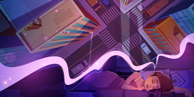 Free vector young woman sleeping on bed seeing dream night city top view. girl sleep in dark night room, dormant female character lying under blanket nap at home bedroom, relaxation, cartoon vector illustration
