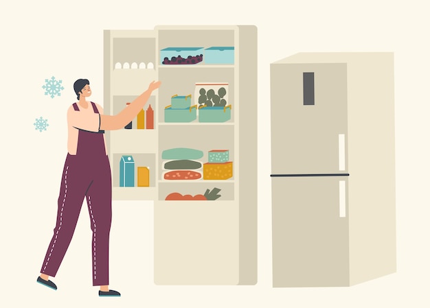 若い女性は、冷凍野菜のパッケージとアイスベリーの入った容器を備えたオープン冷蔵庫の近くに立っています