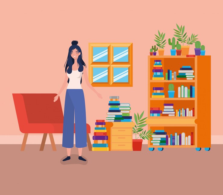 Free Vector young woman standing in the library room