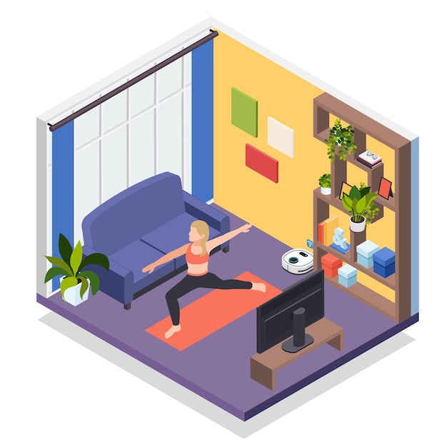 Young woman staying home isometric yoga workout illustration