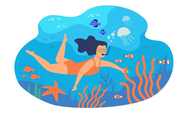 Young woman swimming with mask underwater isolated flat vector illustration. Cartoon character diving in ocean with colorful fishes.